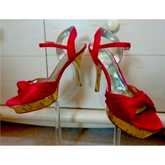 Guess satin and cork stilettos size 7 in red - Picture 1 of 6